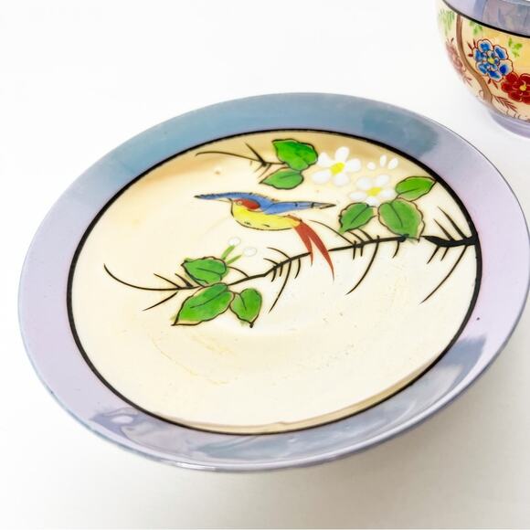 Vintage Chikaramachi Lavender & Peach Bird Floral Hand Painted Teacup Saucer Set - Picture 3 of 15